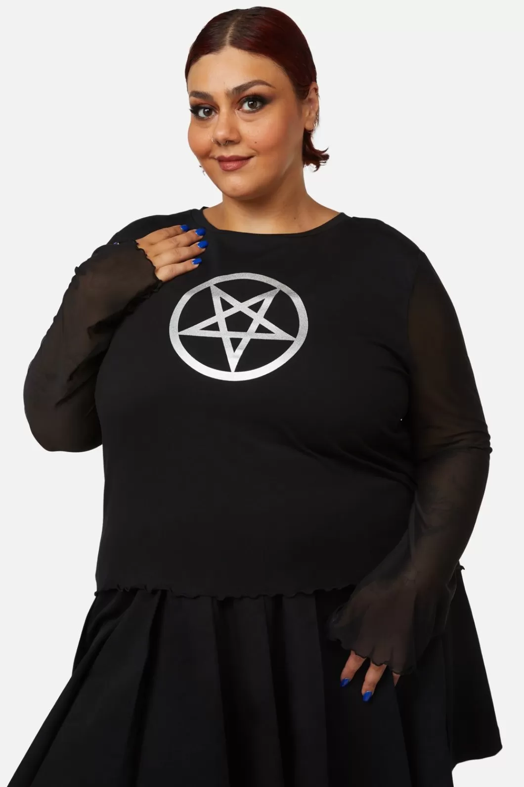 Curve Tops & Blouses<Dangerfield Curve Pentagram Contrast Mesh Top
